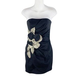 Cache black flower appliqué taffeta stretch strapless dress K28